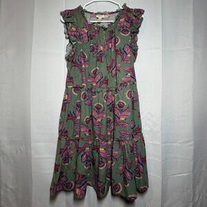 St. John's Bay Floral Tiered Dress M Green Ruffle Sleeve Linen Blend